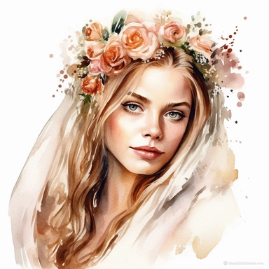 Glamorous and romantic realistic watercolor, the beautiful bride with long braided hair wearing intricate jewelry and, Juliet cap veil, on clean white background, translucent, delicate, with flowers, very delicate colors, fashion photography, watercolor clipart - - no watermarks, no text