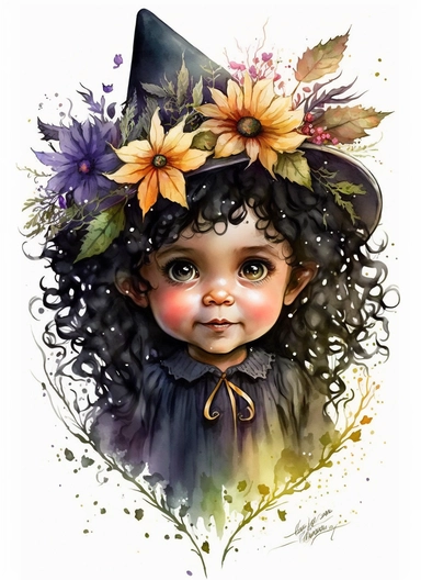 Cute little happy baby girl halloween witch with a flower hat on the head and with curly long hair and big eyes, watercolor by Thomas w. schaller, clipart, solid background, hd