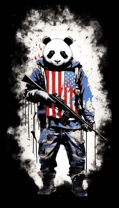 Panda dressed as a graffiti artist in combat clothes holding a gun black and white, silhouette of American flag background, minimalist clip art by Mr. Brainwash