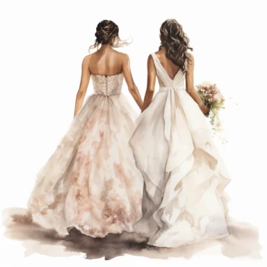 wet-on-wet watercolour technique with blurring and fading, white background, one latino bride holding hands with caucasian bride, walking down the aisle, from behind, both wearing white and creme wedding dresses, clipart