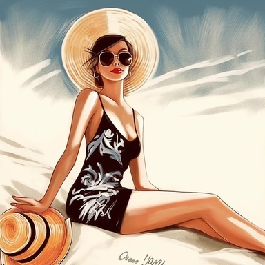 portrait view, full view, clipart illustration, beautiful lady sunbathing on beach, exact image, sharp focus, high detail, (--iw 5)