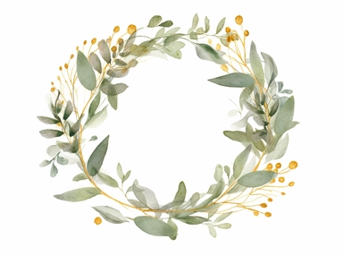 eucalyptus wreath with gold leaf and white frame free clipart vectors, in the style of light green and gray, light green and amber