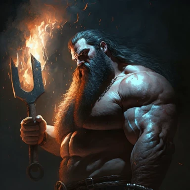 a big burly man, big as a bear, very hairy, long hair, big beard, strong jaw, thick muscles, blacksmith, holding a hammer, standing in a smithy, low light, clipart, super realistic, hyper realistic, dark fantasy, grim, fire light--v 5