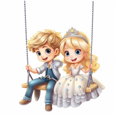 Cute Beautiful Happy Face Prince And Princess sit on a swing Sublimation Clipart ,Cartoon,hyper realistic, intricate detail, illustration style,high solution,on the white background