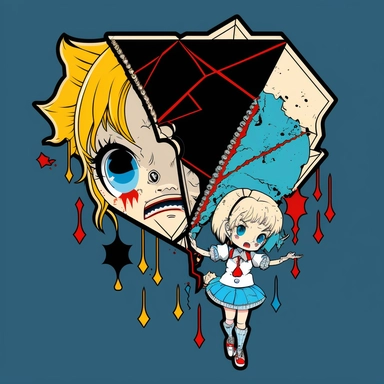kawaii but creepy marionette being manipulated and face shattered into a prism, borderline personality disorder, identity crisis, mental slavery and prison multiple personalities and emotions Japanese manga style clipart