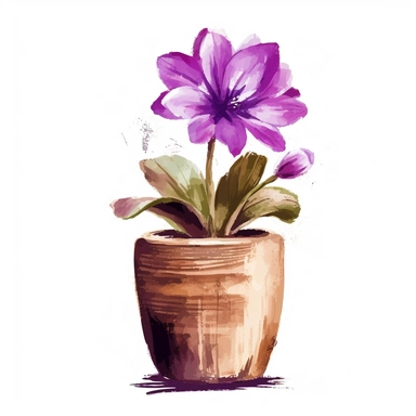 purple Flower inside a brown wood Pot Clipart in the style of oil painting, clean lines on a white background