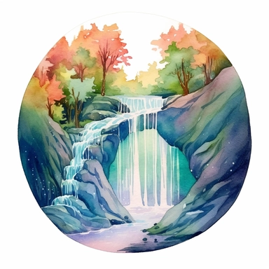 curved holographic waterfall with multiple paths. Watercolor Clipart. watercolor clipart. normal lighting to make the scene come to life. The colors should be life-like and artsy, giving the waterfall an ethereal quality. The composition should showcase the best view of the scene. Please ensure that the watercolor art style does not cause confusion with the actual water in the scene, as the water is holographic.