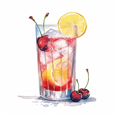 Tom Collins Cocktail Clipart, Water Color, white background, detailed