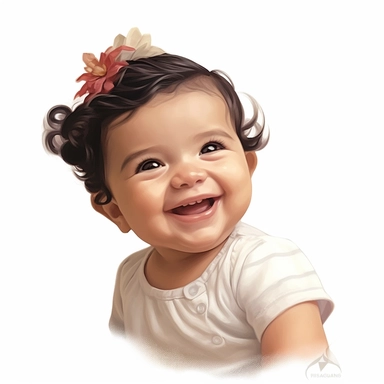 Adorable, cute, mexican, baby girl, happy, smiling, wearing a re shirt and a satin ribbon in her hair, extreme focus, professional artists rendition, no text, no logo, no name, no letters, Highly Detailed, clip art, white background, smooth edges, flawles