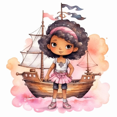 Cute little black skin pirate girl standing on her pirate ship pink watercolor Clipart