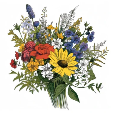 Meadow-Inspired bouquet , large : Create a meadow-inspired arrangement by combining native UK and American flowers that bloom in meadows. Mix cowslips, cornflowers, and red campions from the UK with black-eyed Susans, goldenrods, and butterfly weeds from America, atercolour flower arrangement clipart, vector, intermingled with greenery, white background, no captions, ar 2:2, repeat 10