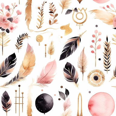 Draw a watercolor-style clip art images that feature objects related to an aesthetic adorned with floral designs. The images should have aesthetic, and should incorporate elements such as watercolor [gold] whimsical and cute illustration in watercolor of boho dream ctcher with black ornaments, in a Scandinavian folk art style with botanical and swirl motifs. light pink gold colors Traditional with a modern twist watercoloritem collection, isolated on a white background, gourmet, classy, simple, 
