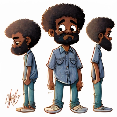 Draymon, 40 year old black man, illustration for children's book, multiple poses and expressions,40 years old, curly black and gray faded flat top afro, large eyes, wearing blue jeans, blue shirt, brown shoes, full beard, full lips, Watercolor Clipart, strybk, full Illustration, 4k, sharp focus, watercolor, smooth soft skin, symmetrical, soft lighting, detailed face, watercolor style, strybk, Octane rendering, 3d. Perfect face, detailed face, delicate face, perfect round lips, detailed eyes. Ghi