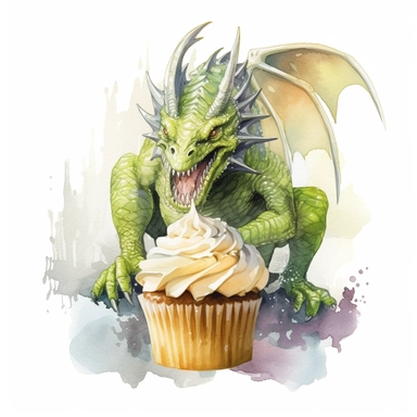 delicious halloween cupcake with dragon , watercolour illustration clipart, extremely detailed, 4k, high quality, colour scheme gold, silver and cream and lime green , , isolated on white background