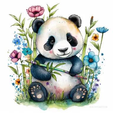 Cute watercolour panda clipart with big round eyes and rosy cheeks, holding a bamboo stick with leaves, sitting on a bed of grass with colourful flowers blooming in the background, under a bright blue sky. Artwork with watercolour pencils and pens.