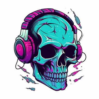 music skull sublimation clipart, vector, illustration, 2d, flat colors, isolated background