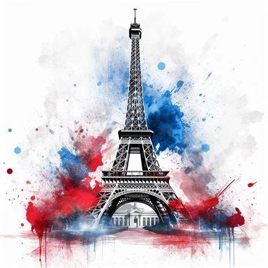 realistic and detailed eiffel tower with blue, white and red splash of watercolour in the background clipart on a white background