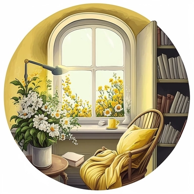 Bookworm cozy reading corner, flowers, window, yellow and white color, clipart