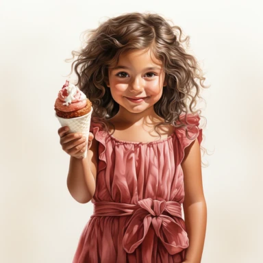 watercolor,clipart, A Girl Holding an Ice Cream Cone in a Red Dress