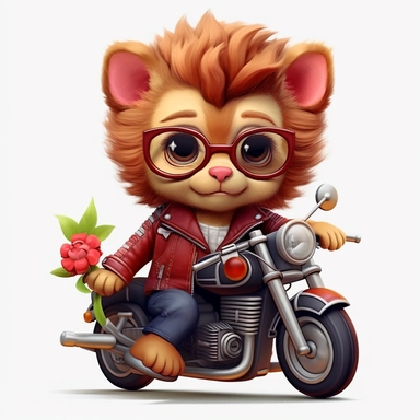 Create a clipart of a cute baby lion in a leather jacket riding a vintage motorcycle. Strong and vibrant colors. Jungle trees before a White Background, soft lighting.