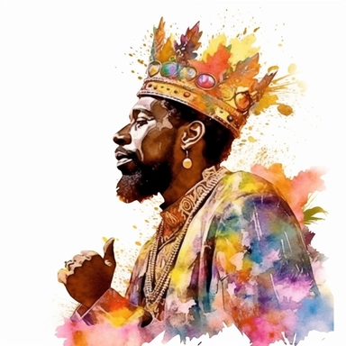 Watercolor floral African American king with a crown, radiating with fire in a pulpit, realism, png format,Clipart, Sublimation, white background
