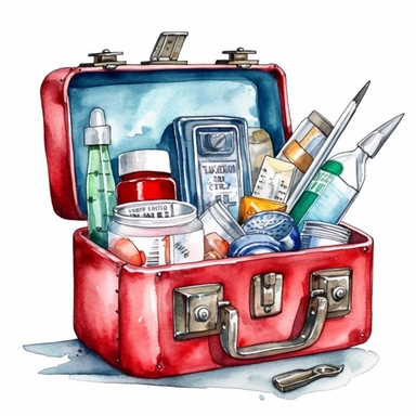 first aid kit with medical equipment,Watercolor style, Clipart,on white background with margins