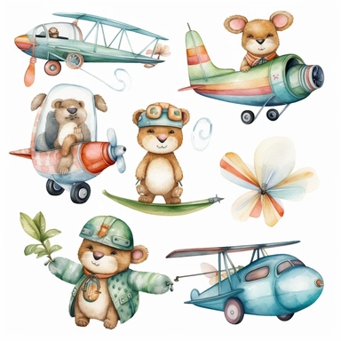 Airplane watercolor clipart set Cute animals illustration