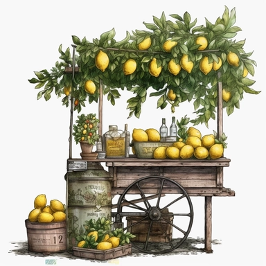 lemonade stand, standing jar of lemonade, realistic, detailed, on wheels, lemon tree on second plan, clipart