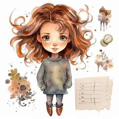 watercolour clipart of a girl, with crazy brown hair, blue-gray eyes, the sweet and scatterbrained dreamer, with a great sense of humor. She immerses herself in the world of digital design, creating exquisite papers for scrapbook albums. Though she may often forget things, her delicate touch and gentle nature shine through her artistry, make her smiling, exalted mood, white background, 8k, f1