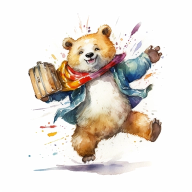a joyful watercolor clipart image with a white background, featuring an energetic bear traveler with a suitcase, jumping in excitement as it embarks on a thrilling travel experience.
