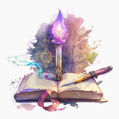 watercolour clipart artyle elemental tome spell book fantasy magic and radiating energy next to an enchanted fantasy dagger