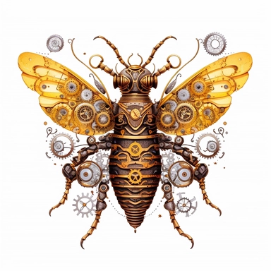 Steampunk Wildlife: Create intricate and imaginative illustrations of animals or insects with a steampunk twist. Incorporate gears, cogs, and mechanical elements into their anatomy, giving them a distinct steampunk aesthetic. Clipart. White background.