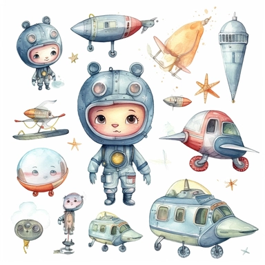 cute kawaii rocket helicopter plane pilot , watercolor white background clipart set single elements with margin