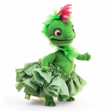green baby girl Godzilla, looks like an alien, doing high step dance moves, wearing a designer dress made from Phoenix feathers , ultra high fashion, wearing ruby neck scarf, techno lighting, disney cuteness, plain white background, cutout clipart