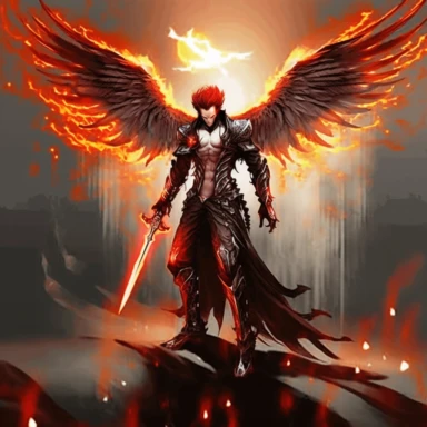 Create a high quality image of fullbody male fire dark angel with fire wings and a lightning sword, mythological figure, sci-fi style, white background, clipart