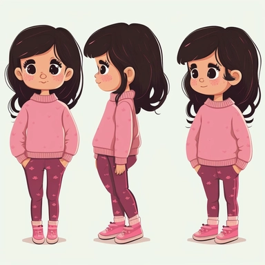 clipart little girl, 6 years old, cute, 4 different poses with same outfit on each, front and side view, wearing a plain pink jumper and plain pink trousers, plain pink shoes, black hair, smiling