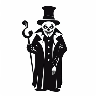 black and white silhouette of a scary halloween clown, clipart style, white background, thick lines, vector, simple design, flat colour, solid colour, halloweencore