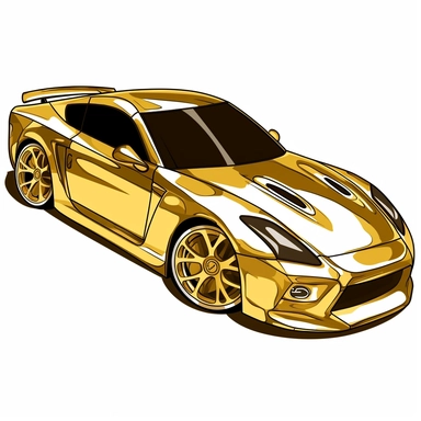 a golden sports car cartoon clipart on a white background, caricature-like, two dimensional