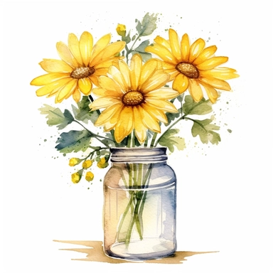 yellow daisy flower in vase clipart, watercolor