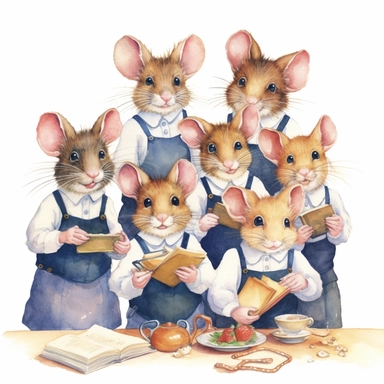 a group of school mouse kids eating lunch, school uniform, detailed, hd, watercolor, white background, clipart
