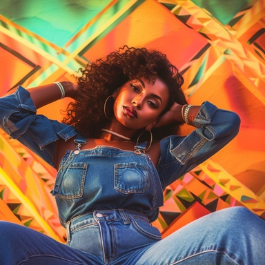 gorgeous black woman wearing a crop top, jeans, and heals, looking stunning on a hot summer day, full body, laying down, 90's psychedelic background- ultra-detailed, clipart