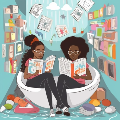 african american teenager girls stuck in a bathtub with books in the white house bathroom in the style of dr. seuss with a simple pastel color palette clip art--ar 10:8