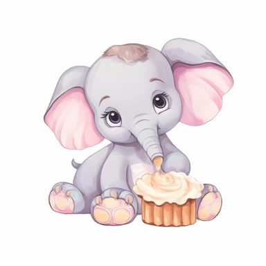 nursery cartoon clip art, cute baby elephant, eating a cake, soft pastel colors, clean isolated image, plain white background,