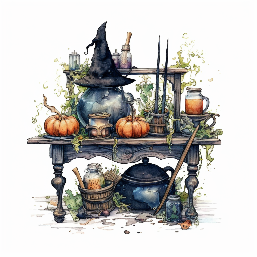 picturesque scene, watercolor and ink style, witches bench with crystal ...