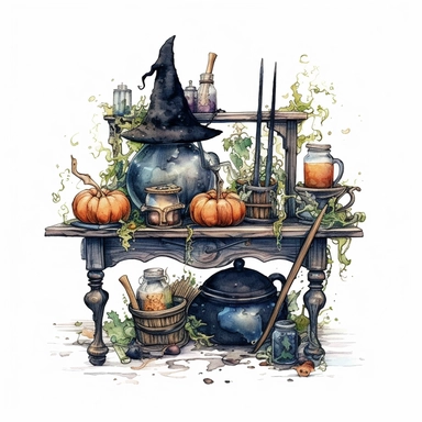 picturesque scene, watercolor and ink style, witches bench with crystal ball, potions, wand, cauldron and herbs, clipart on plain white background, Halloween vibes, super scary cute in high detail ultra precision 16k HD, clean crisp brushwork, painted by Beatrix Potter