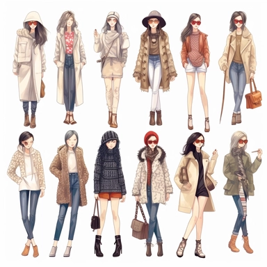Imagine create a fashion collection, Asian women, trendy, fashionable, clipart, illustration white,cartoon, high resolution, long shot, full long shot, detailed, intricate, white background, 300dpi