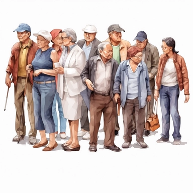 watercolor, People Group Different Job Set, png Full body realistic cartoon in 32K UHD cute. 15 cm thick outline. Black color. There was no shadow on the ground. 8k with realistic watercolors and detailed illustrations. PNG clipart, transparent white background