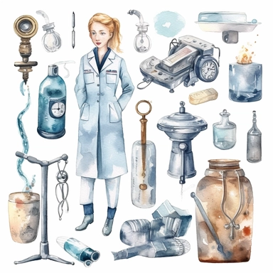 watercolor doctor related scenes , illustrations clipart set, simple, , cartoon elements ,different variants , nurse, doctor, stethtescope, mechanical body weighing scale, microscope, ,separate elements with a margin