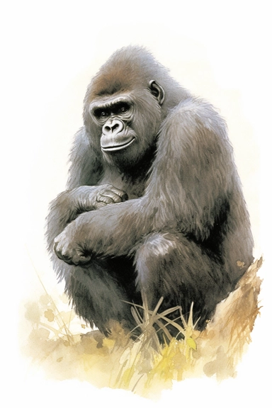 Clip art of gorilla, simple, White margins around the image, drawn by Helen Beatrix Potter, easy to crop image, white background