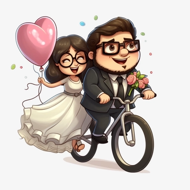 cute chubby wedding couple in cartoon, in chibi style, riding bicycle, bride carrying balloon, transparent background, clipart